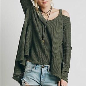 Free People Green Waffle Cold Shoulder Sweater XS